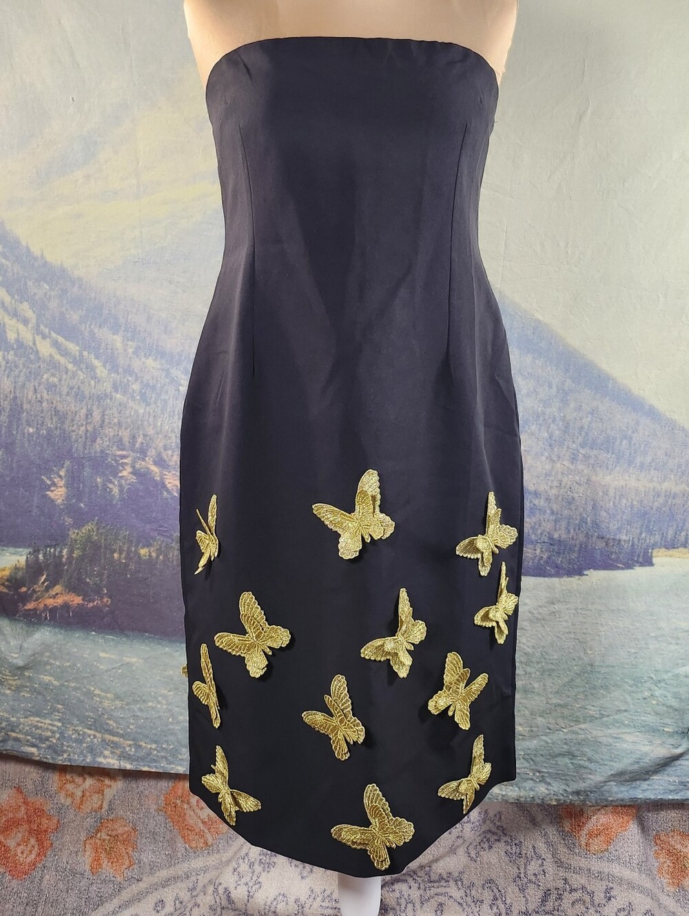 Dalia MacPhee Anthropologie Black Strapless Dress Gold Butterfly Applique XL